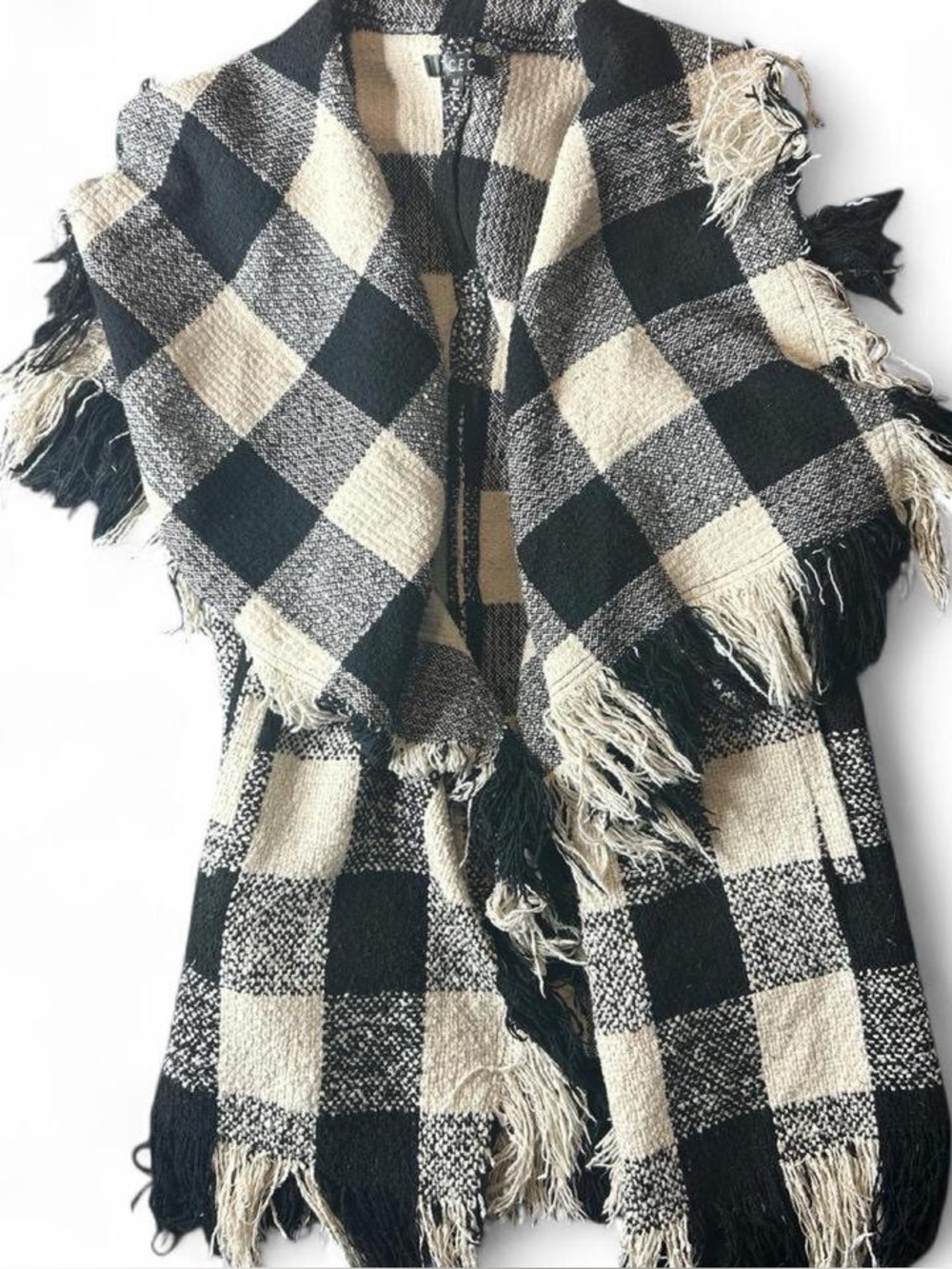 Buffalo plaid Black and White Checkered Chunky Fringe Wrap Vest Shawl